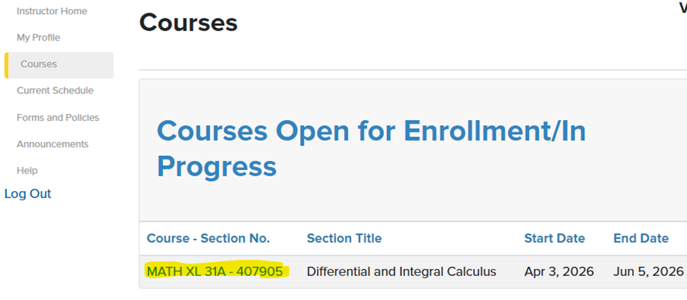 Image of Course List in the Instructor Portal